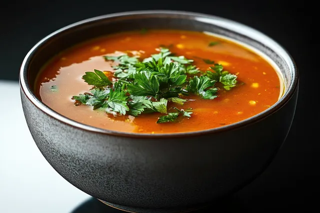 Orange soup in a dark ceramic bowl, garnished with fresh parsley on a dark background.