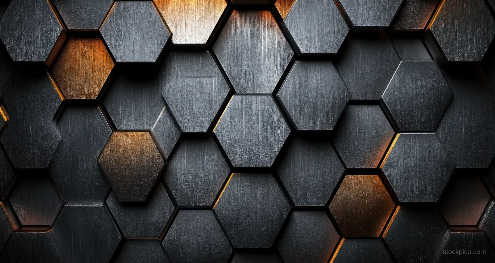 Interlocking brushed steel hexagon tiles on a dark background with glowing amber edges.