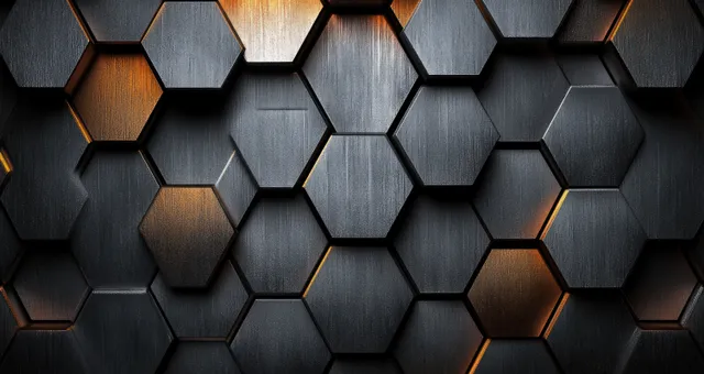 Futuristic brushed steel hexagon pattern background with glowing amber edges