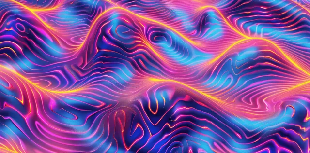 Seamless neon rainbow wavy topographic contours swirl across a textured psychedelic background.