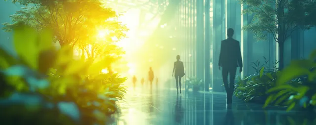 Silhouetted people walking through a lush glass atrium, sunbeams filtering through greenery