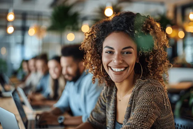 A diverse team of professionals collaborates in a modern open-office workspace, smiling while working on laptops.
