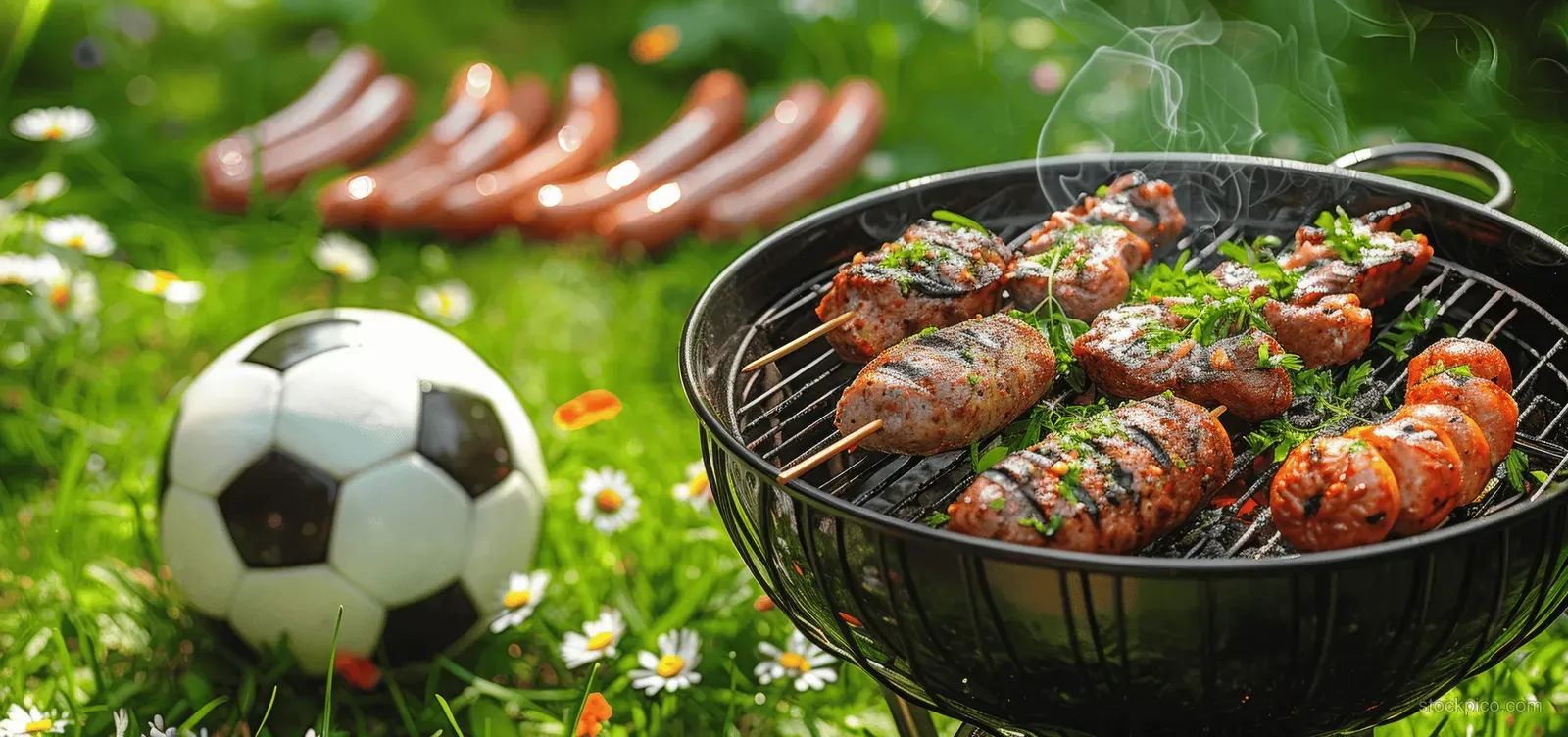 Sausages and chicken grill beside a soccer ball on green grass.