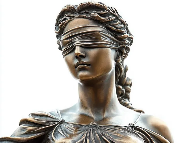 Close-up of a bronze blindfolded justice woman statue with braided hair and draped robe.