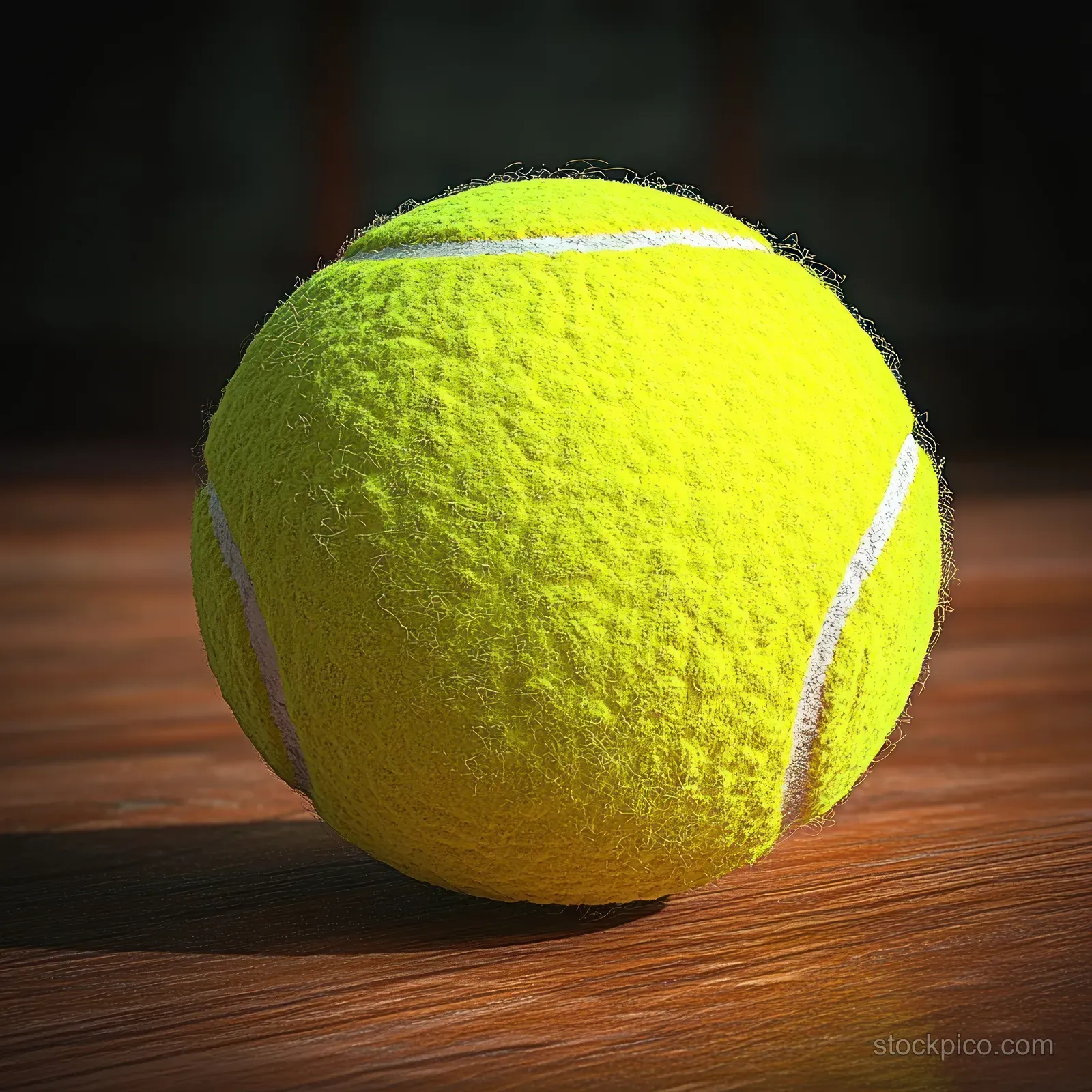 A tennis ball rests on a glossy wooden table under soft light with shallow depth of field.
