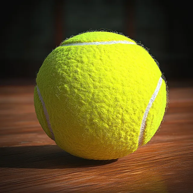 A tennis ball rests on a glossy wooden table under soft light with shallow depth of field.