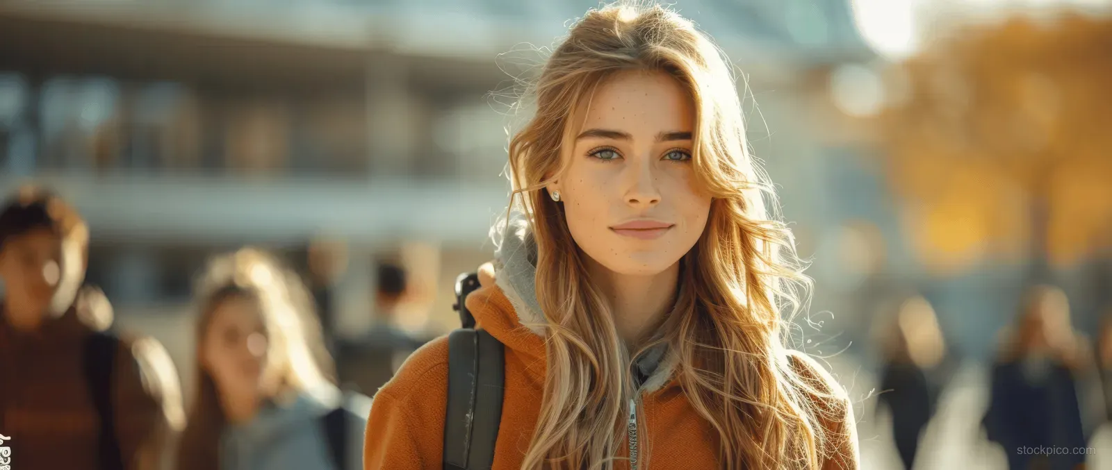 Blonde student with backpack walks on an autumn university campus as students blur behind her in warm sunlight.