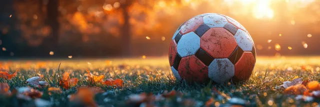 A soccer ball on a green field in golden-hour light with floating confetti and warm bokeh.