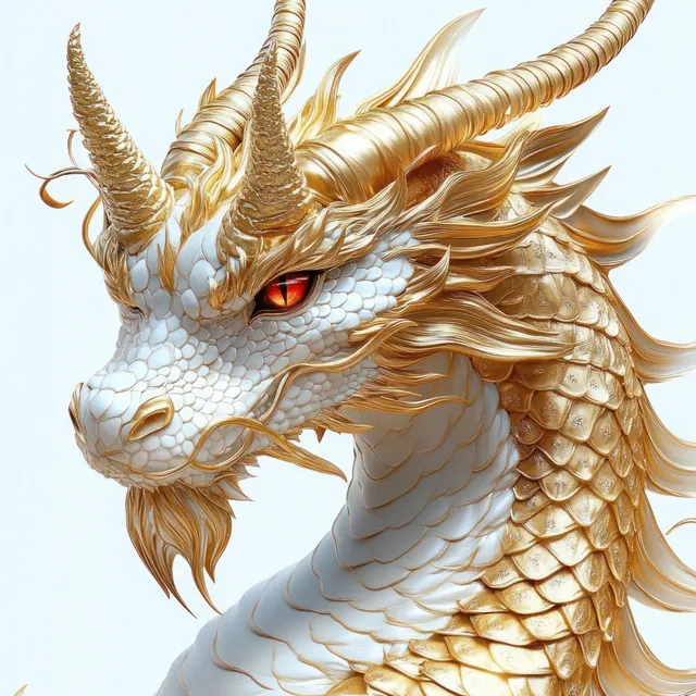 Close-up of a majestic dragon head with white and golden scales, ornate golden horns, and fiery red eyes.