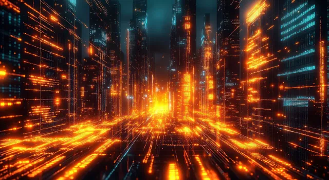 Neon skyscraper corridor at night with orange and blue light trails suggesting moving data streams.