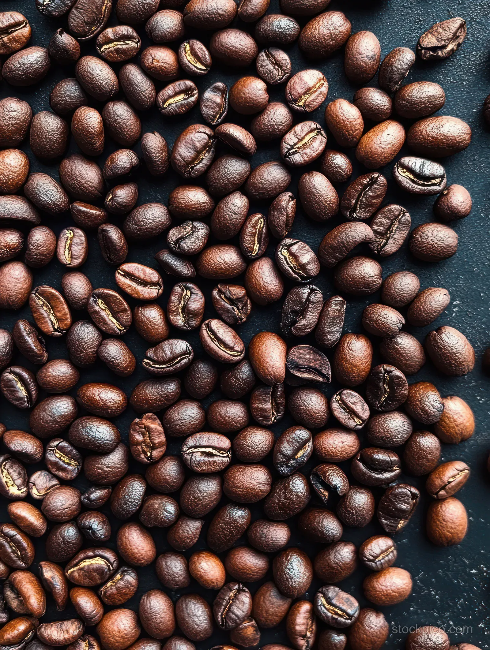 Roasted coffee beans scattered on a dark slate background with visible glossy texture and deep brown tones.