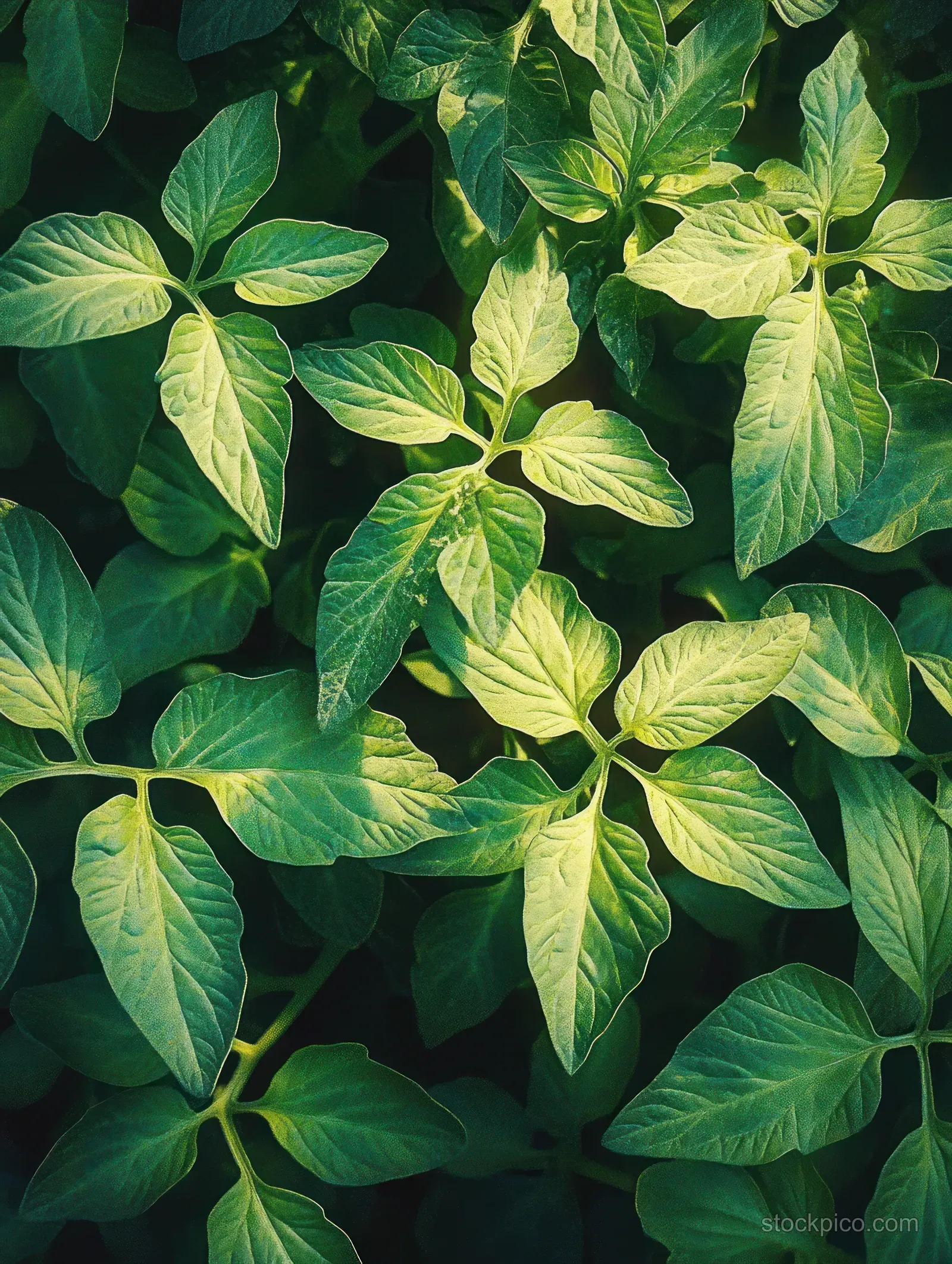 Close-up of green leaves with prominent veins lit by sunlight against a dark background.