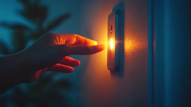 Hand flipping a wall light switch at night with warm glow in modern home interior