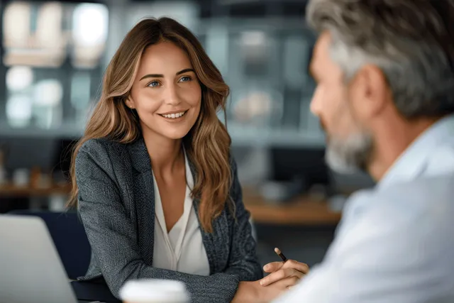 Mature businesswoman and gray-haired businessman discuss a laptop project in a bright office