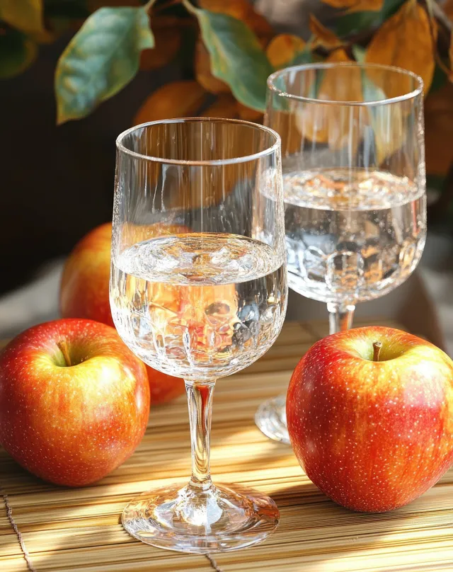 Three crystal glasses of clear sparkling liquid sit on a bamboo placemat beside red apples.