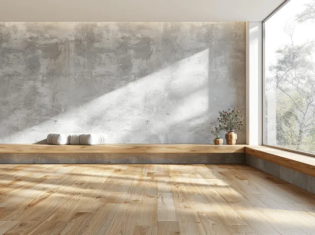 Empty modern room interior with concrete wall, wooden floor, and large window revealing trees.