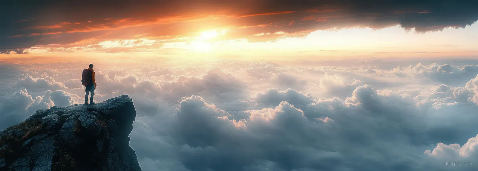 A hiker stands on a rocky cliff as sunrise illuminates a wide sea of clouds.