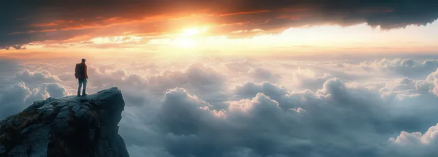 Hiker stands atop rocky cliff at sunrise, overlooking sea of clouds below