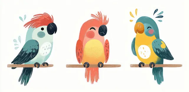 Three colorful cartoon parrots perched on small wooden stumps in minimalist Scandinavian style