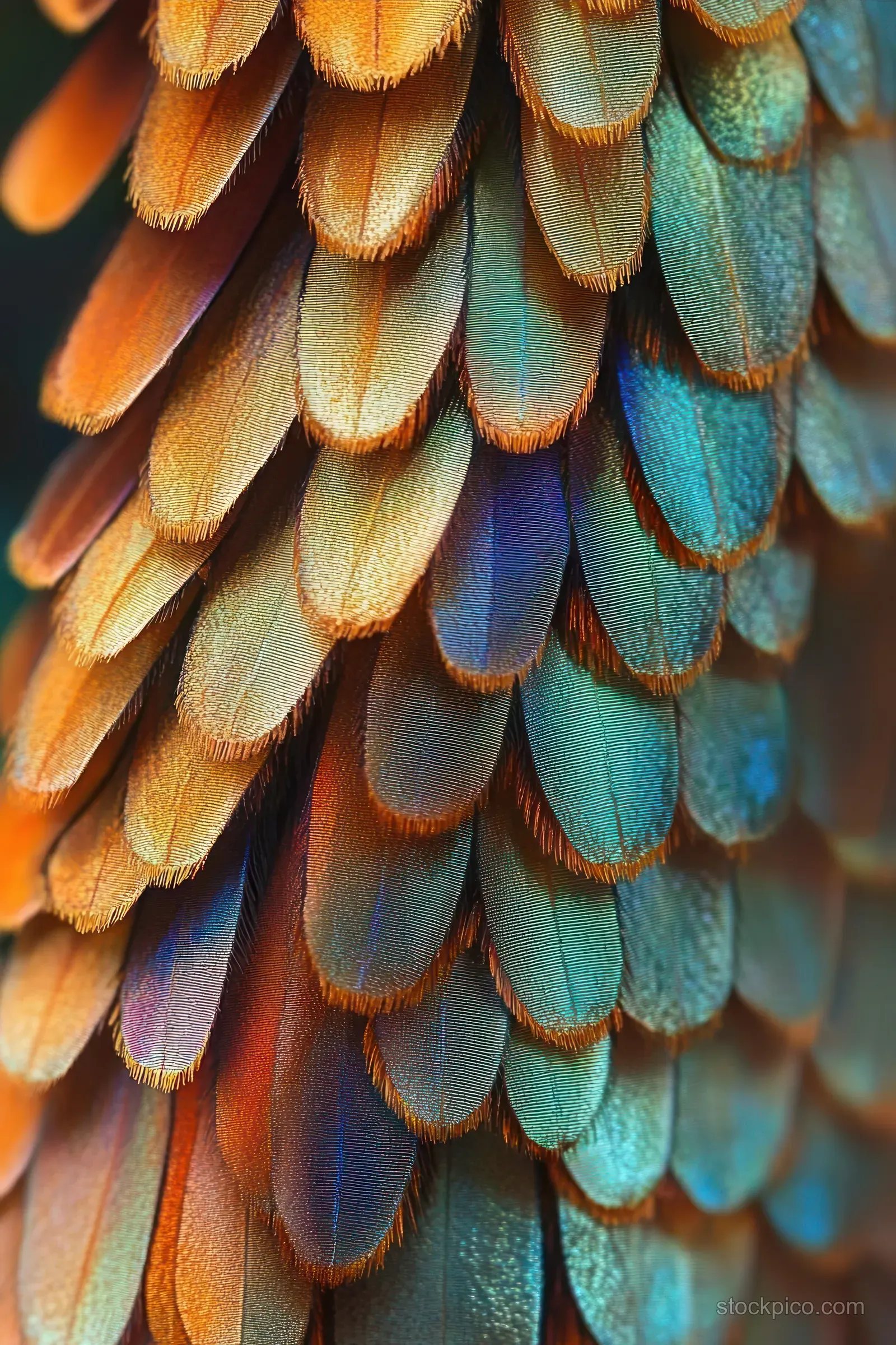 Close-up of layered bird feathers with iridescent orange, blue, green, and purple tones.
