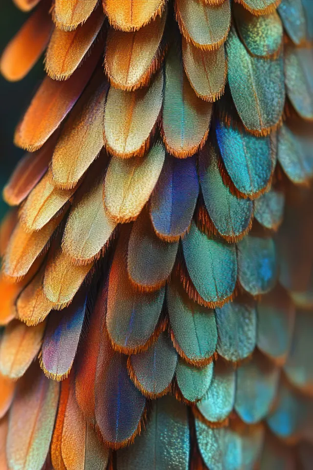 Iridescent bird feathers layered in orange, blue, green, and purple with Close Up Detail