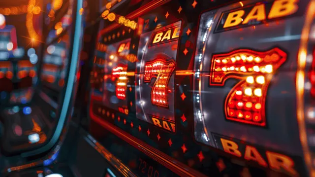 Close-up slot machine lights with spinning numbers and casino bokeh in the background