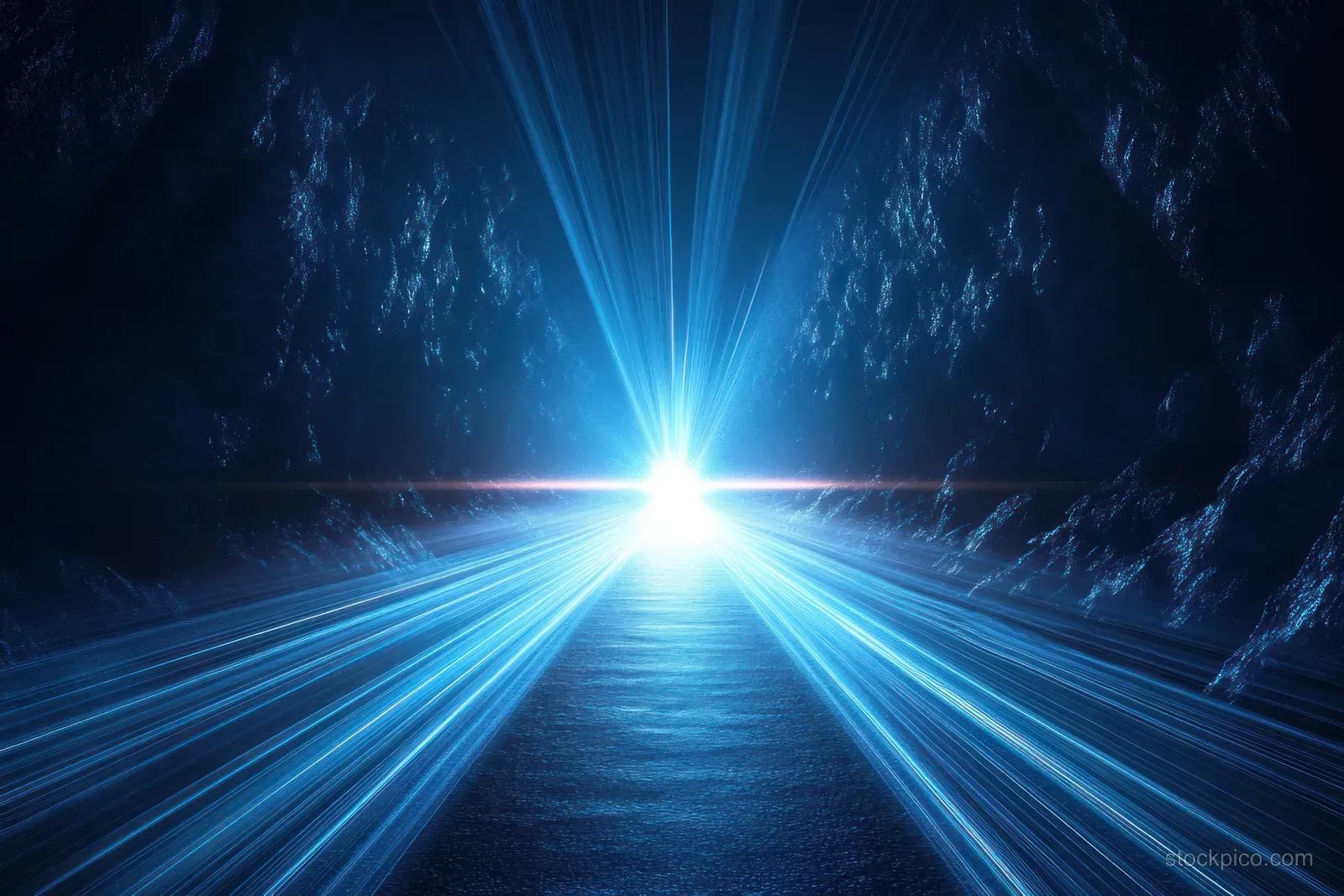 Blue light rays burst from a bright center, stretching across a dark tunnel of space.