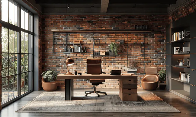Industrial home office with desk, leather armchairs, brick wall, and floor-to-ceiling windows seen in warm light.