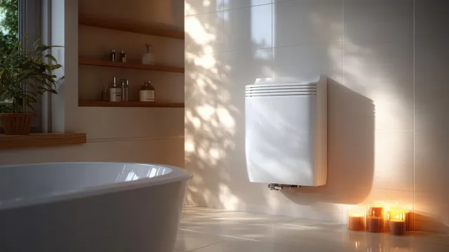 White wall-mounted water heater beside a bathroom sink with warm sunlight and clean tiled walls.