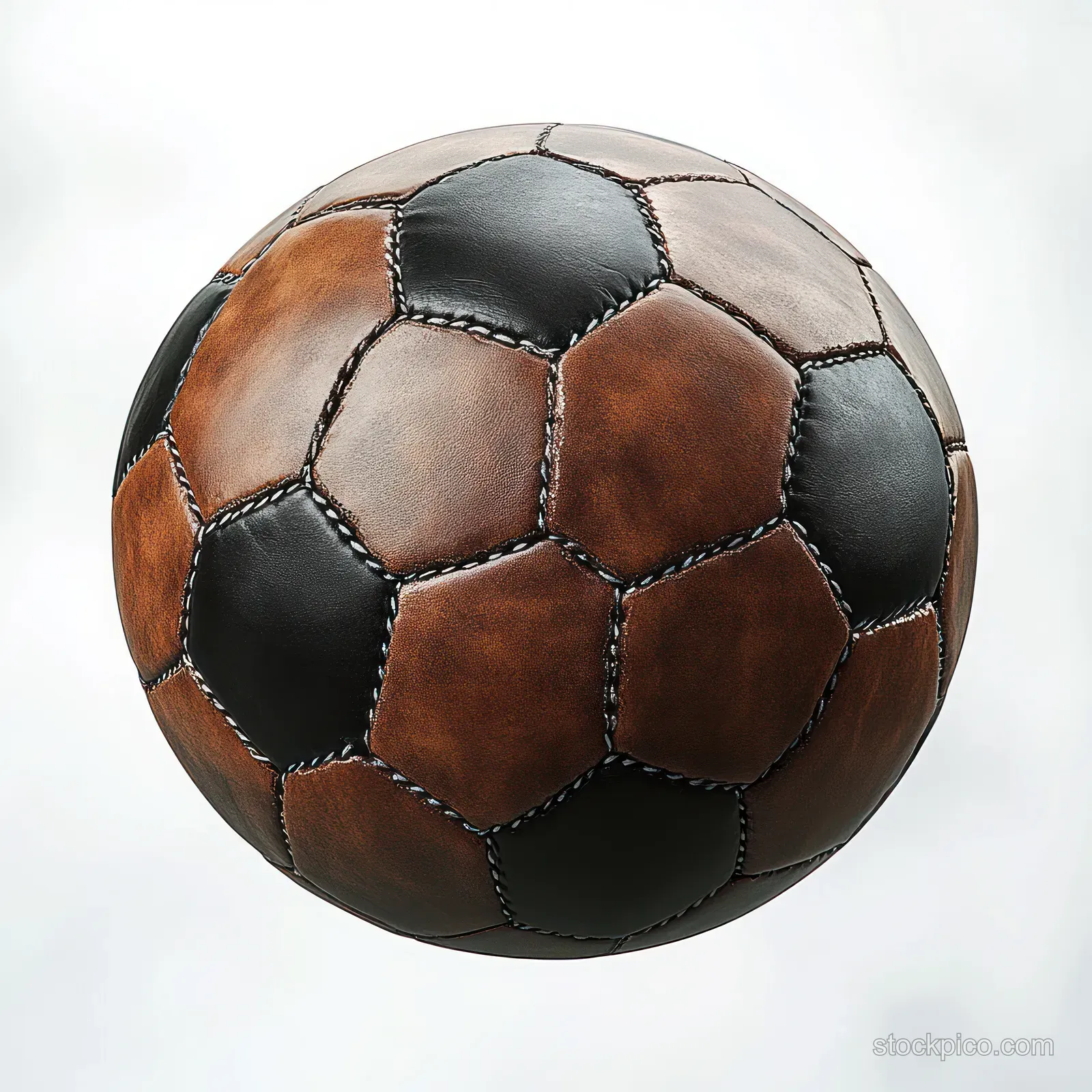Vintage brown and black leather soccer ball in close-up with visible stitched panels on a plain white background.