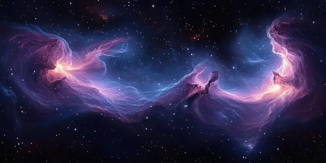 Purple and blue nebula clouds swirl across a starry dark sky with glowing threads.