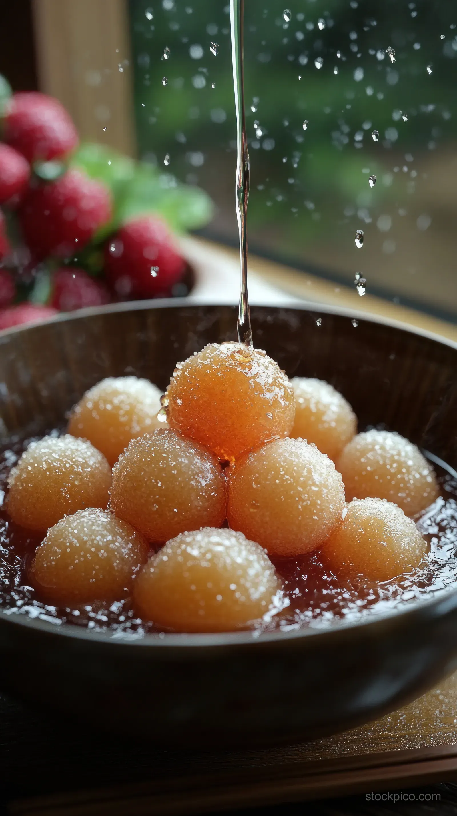 Gulab jamun dessert balls glisten with sugar syrup in a bowl, garnished with pistachios.