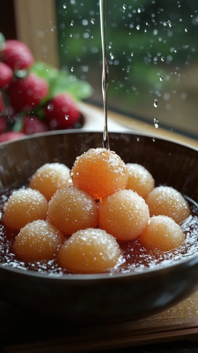 Gulab jamun dessert balls glisten with sugar syrup in a bowl, garnished with pistachios.