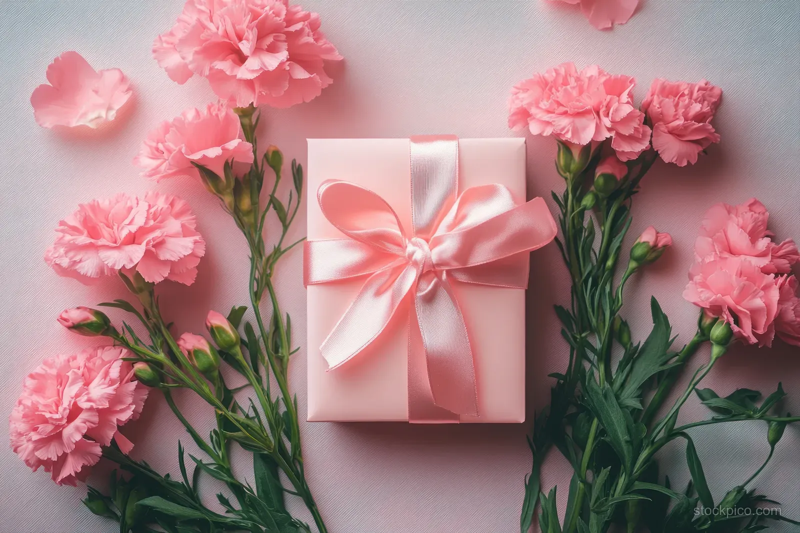 Pink carnation flowers surround a light pink gift box tied with a satin ribbon on a soft background.