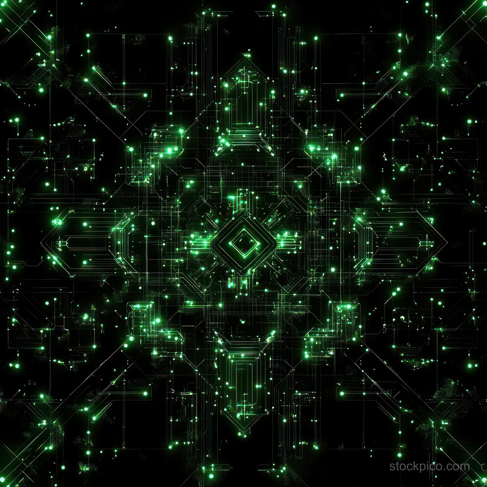 Symmetrical green glowing circuit board radiates from a central microchip with branching electronic traces.