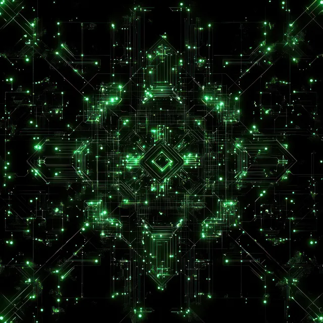 Symmetrical green glowing circuit board pattern radiating from a central microchip