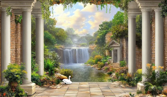 Swan rests beside a waterfall pond viewed through ornate garden columns and brick arches