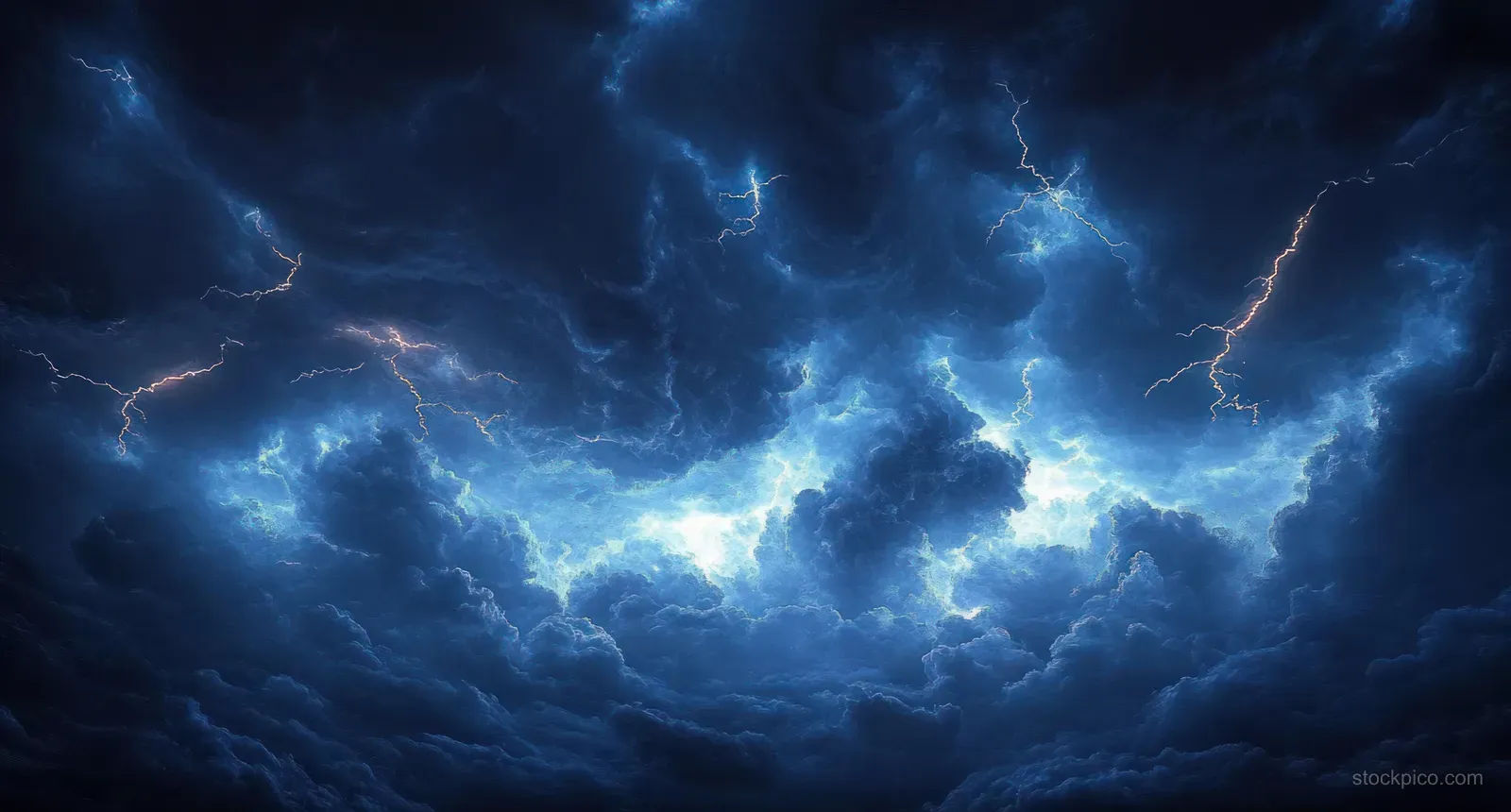 Lightning bolts strike through dark storm clouds over a deep blue night sky.