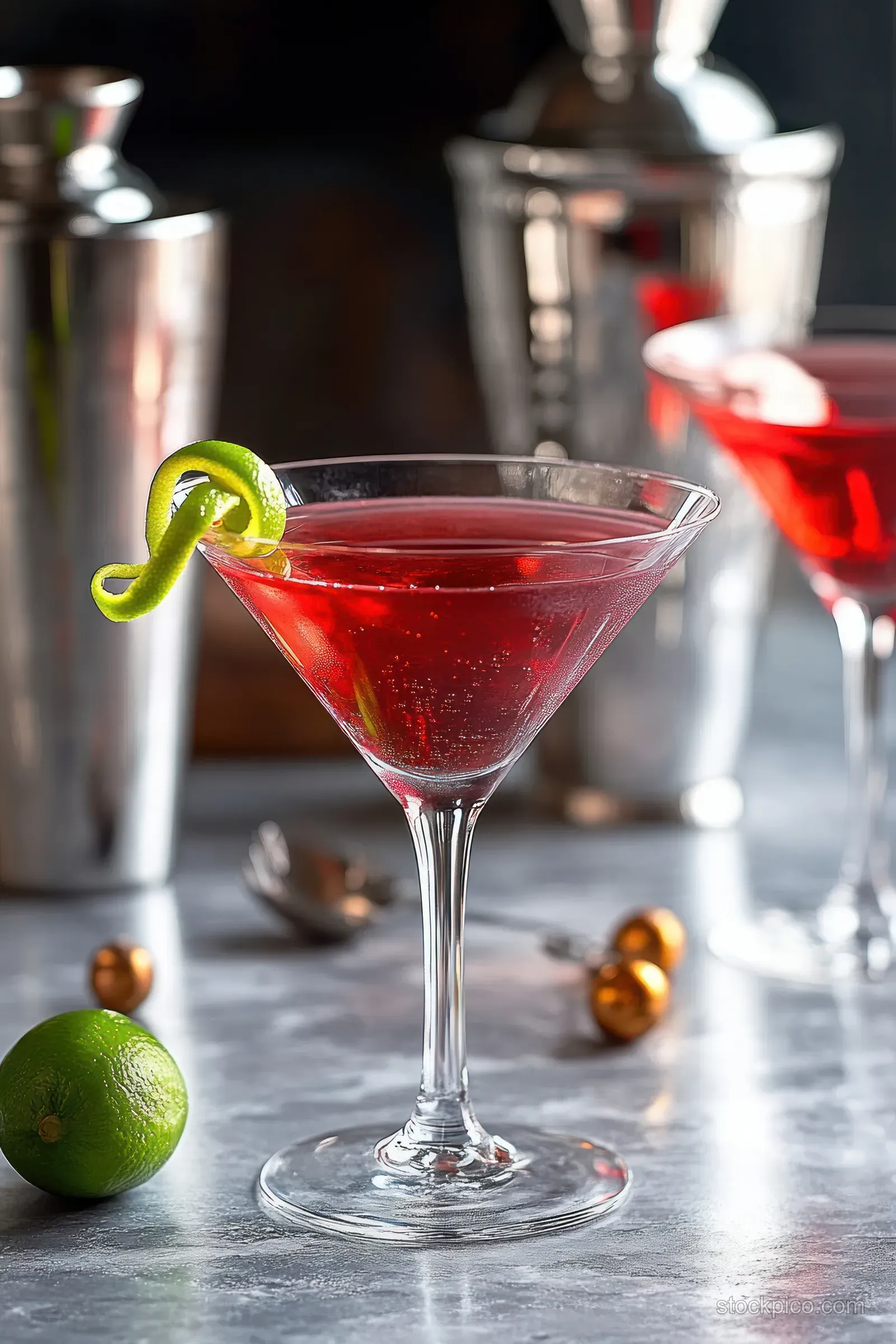 Red martini cocktail with a lime twist garnish on a marble surface, with bar shakers and limes blurred behind.