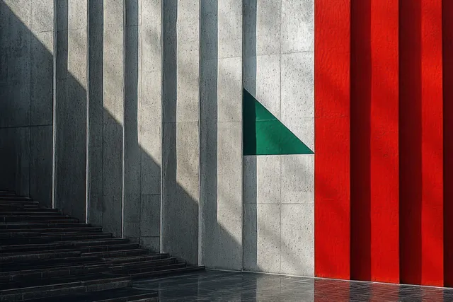 Vertical gray, white, and red striped wall with a green triangular window and shadowed stairs in front.