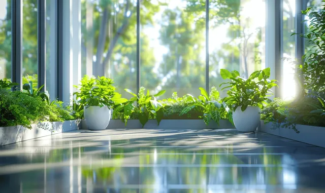 Potted green plants line a window ledge in a sunny office lobby with blurred trees outside.