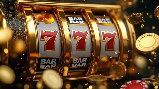 Golden slot machine close-up with three spinning reels showing red sevens and bars surrounded by falling gold coins and poker chips.