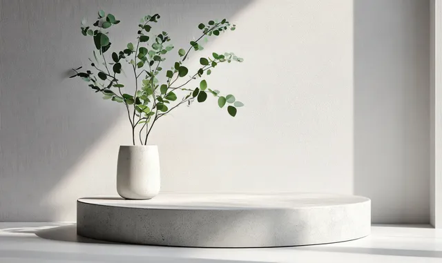 Minimalist podium with a white vase and green botanical branch on a bright white background.