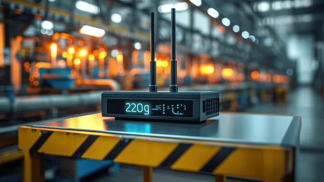 A 5G network gateway sits on a factory conveyor while automated machinery blurs in the background.