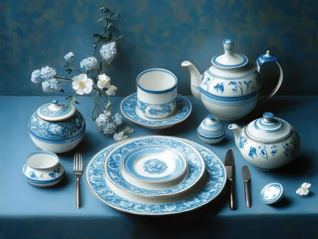 Blue and white porcelain tea set with teapots, cups, plates, cutlery, and a flower vase on a blue tablecloth.
