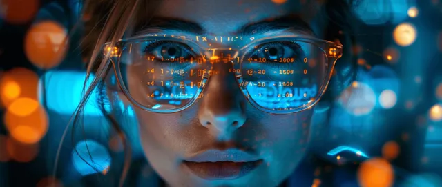 Close-up IT professional in glasses reviewing holographic code in a dark server room