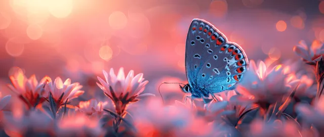 Blue butterfly perched on wildflowers with soft bokeh light in sunrise meadow with Shallow Depth Of Field
