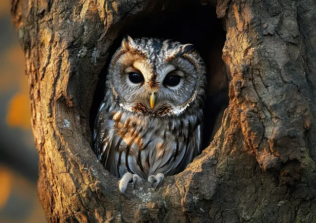 Small owl perched inside tree hollow, showing detailed feathers and large dark eyes