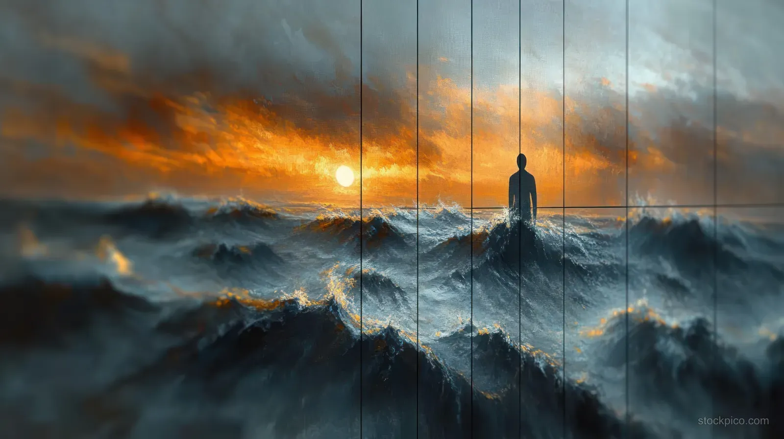Silhouette of a person standing in rough ocean waves beneath a glowing orange and blue sunset sky.