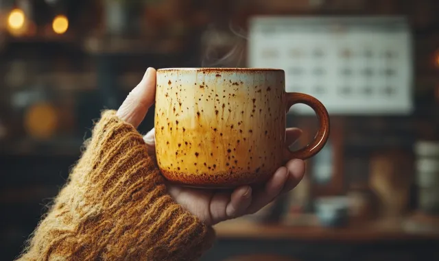 Elderly woman holding a steaming mug, sipping water in a cozy home clinic setting